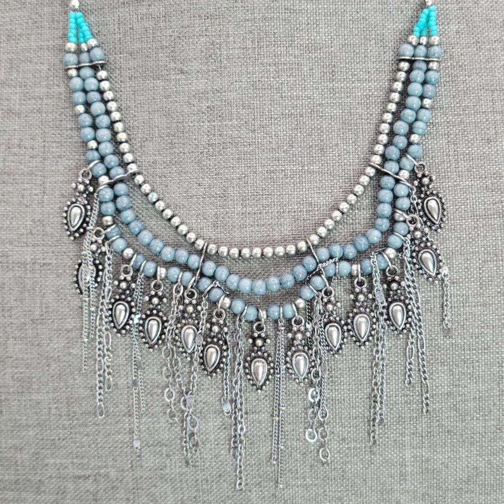 Southwest Style Silver & Blue Multi-Layer Necklace With Chains & Beads